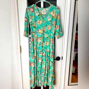 XS juniors with adjustable waist string, floral print, long dress, 3/4 sleeve